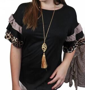 NEW CELESTE cheetah ruffle sleeve top in black